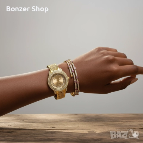 Бляскав дамски комплект часовник и гривна, снимка 3 - Дамски - 51997558