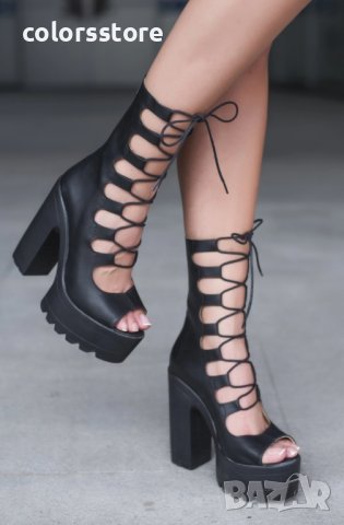 Летни боти на ток - черна кожа - 101