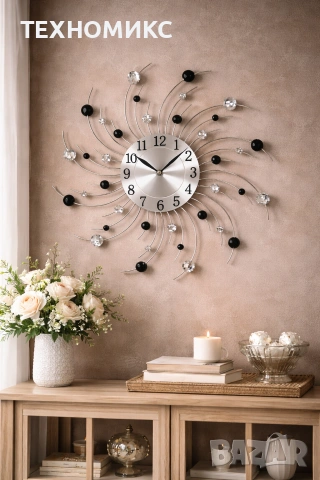 Стенен часовник с кристали , 50 см, Кварцов механизъм, Безшумен, снимка 2 - Декорация за дома - 53585342