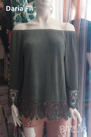 Зелена блуза фино плетиво с ластично деколте и дантела , снимка 1 - Ризи - 36085128