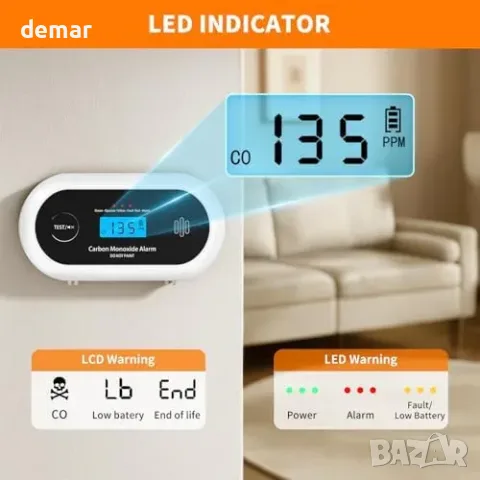 CO детектор с LCD дисплей и 10-годишна запечатана батерия, 85 dB сирена, EN 50291 / UKCA, снимка 5 - Аларми и датчици - 55827449