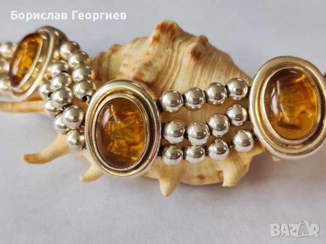 Сребърна гривна с кехлибар, снимка 4 - Гривни - 44367316