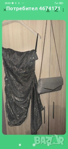 Сребриста рокля+чанта към нея, снимка 3 - Рокли - 53697858