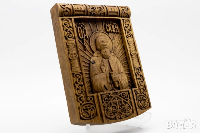 Релефна икона на свети Сергий Радонежски от масивен дъб, снимка 2 - Икони - 53224461