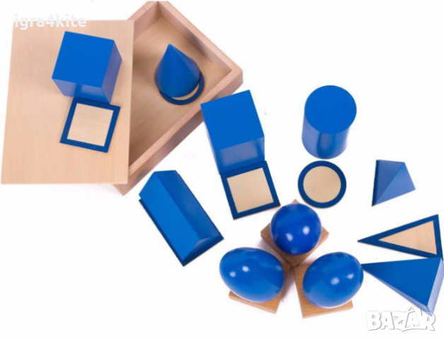 Сини геометрични тела Монтесори в кутия с поставки и знаци , снимка 13 - Образователни игри - 36478729