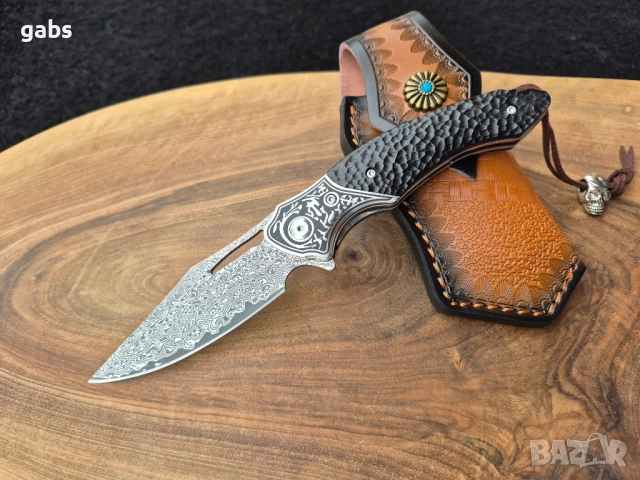 Уникален сгъваем нож дамаска стомана с кожена кания