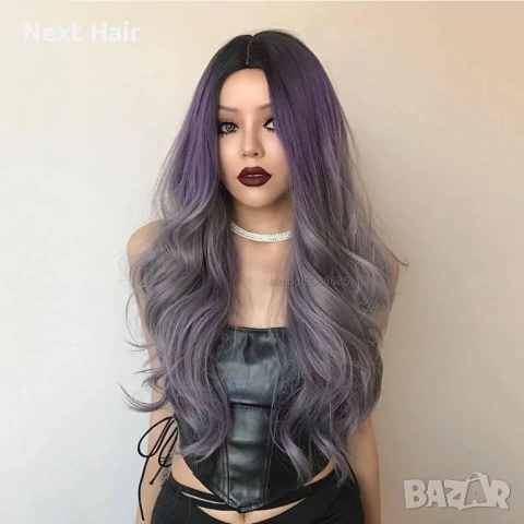 Модна омбре перука – трицветна с кафяви корени, лилав среден тон и сиви краища, снимка 3 - Аксесоари за коса - 52897617