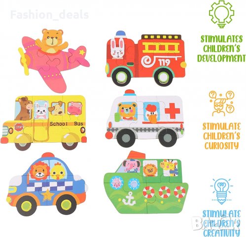 Нов комплект 6 броя дървен пъзел за деца 3+ години образователна играчка , снимка 2 - Образователни игри - 39797888