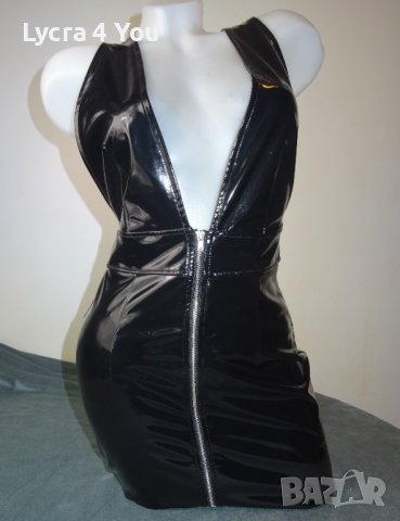 S/M Divided by H&M черна лачена/винил рокля с дълбоко деколте и цип отпред, снимка 4 - Рокли - 42588968