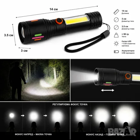 LED фенер с zoom и странична COB светлина, снимка 4 - Аксесоари и консумативи - 55865285