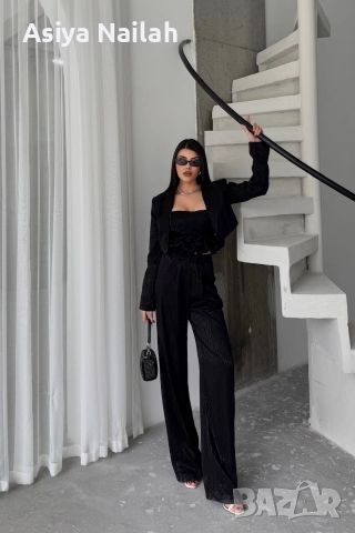Дамски черен костюм от 3 части – сако, топ и широк панталон, снимка 7 - Костюми - 52792791