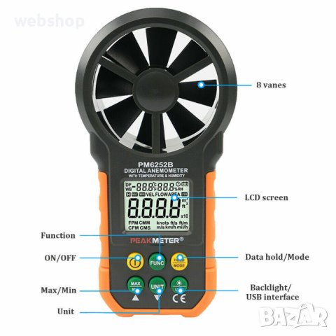 Дигитален Анемометър PEAKMETER PM6252B, обем на въздух, скорост до 40m/s, CFM, CMM, CMS, снимка 10 - Други инструменти - 41987301