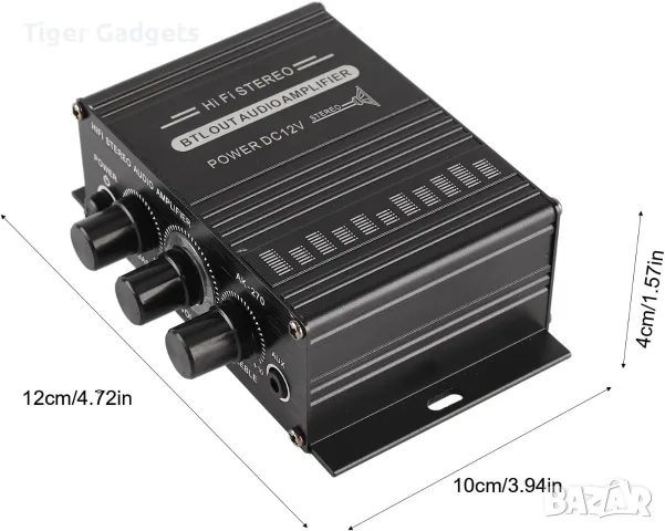 AK270 Mini Stereo Amplifier – 2-канален аудио усилвател с 3.5mm AUX, Bass и Treble, снимка 4 - Ресийвъри, усилватели, смесителни пултове - 56113164