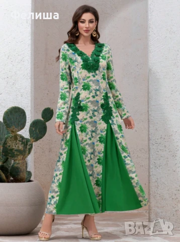 Прекрасна Дълга Памучна Рокля с Луксозна Бродерия в Тревисто Зелен Цвят