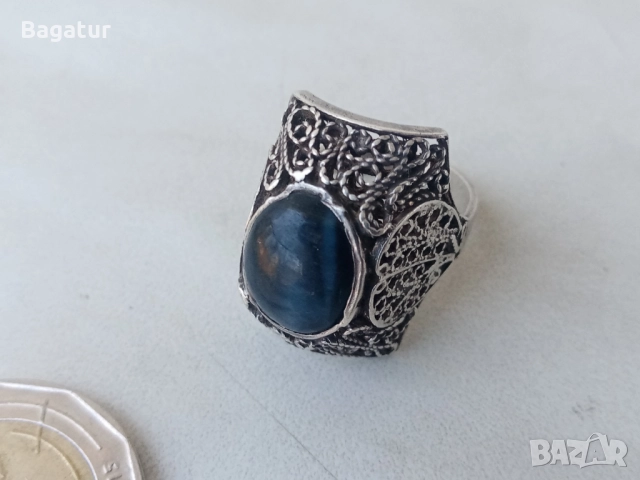Пръстен с котешко око,сребро,филигран ажур, снимка 11 - Антикварни и старинни предмети - 52526340