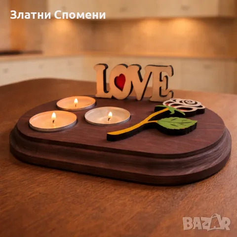 Дизайнерски свещник LOVE с роза - романтичен подарък