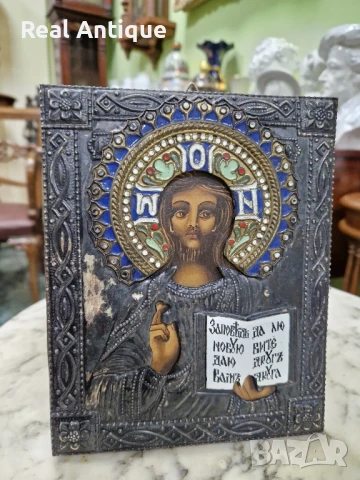 Прекрасна антикварна руска икона с емайл, снимка 2 - Икони - 51061200