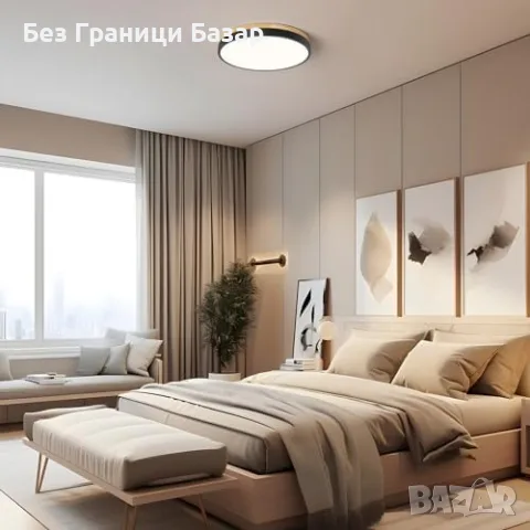 Нова лампа Кръгъл LED Плафон 30 см 24W 4000K Черен Дървен Таванен Осветител стая хол, снимка 2 - Лампи за таван - 56010396