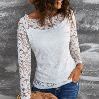 Дамска дантелена блуза в бяло с ефектно деколте, снимка 3 - Блузи с дълъг ръкав и пуловери - 42399570