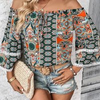 Нова модна дамска блуза с флорални щампи с вързани рамена - 023, снимка 1 - Тениски - 41292252