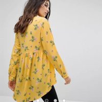 Елегантна дълга дамска риза с флорални мотиви цветя жълта разкроена с дълъг ръкав размер S - S/M , снимка 4 - Ризи - 40689802