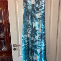 Ефирна дълга тюркоазена  елегантна ежедневна рокля тропик палми тропически принт , снимка 2 - Рокли - 41703823