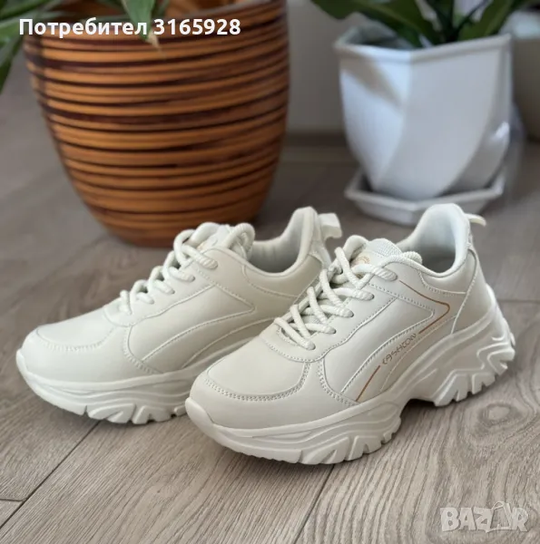 Маратонки кожени дамски  в бяло и кафяво, снимка 1