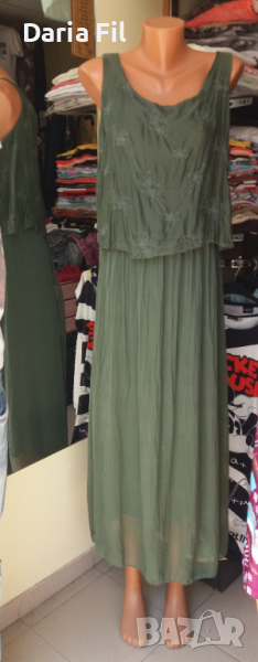Зелена дълга рокля с дантелена платка в горната част, снимка 1