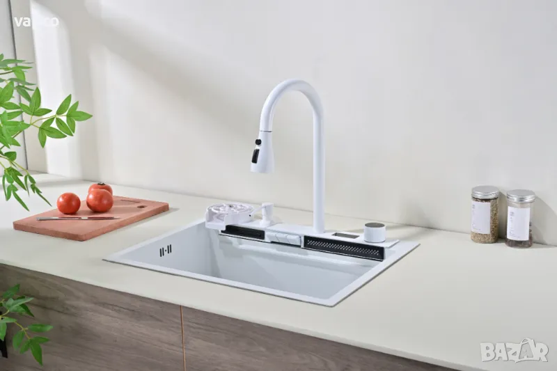 60см Бяла мултифункционална кухненска мивка с двоен водопад, снимка 1