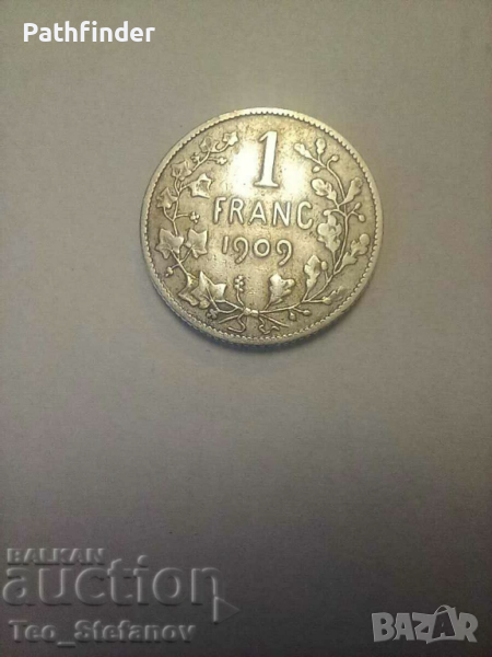 1 франк 1909 Белгия Леополд ll сребро, снимка 1