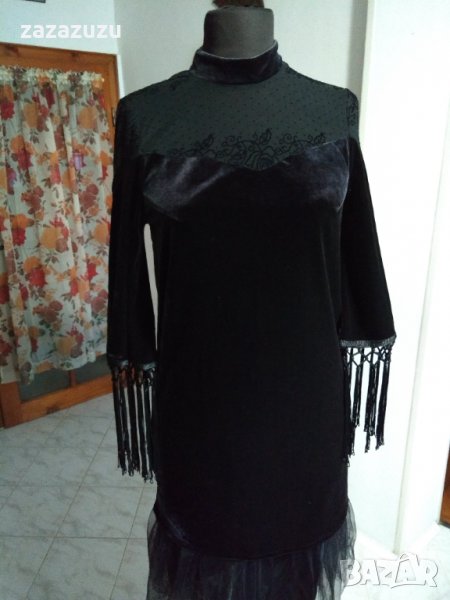 Елегантна дамска рокля черно кадифе с дантела, снимка 1
