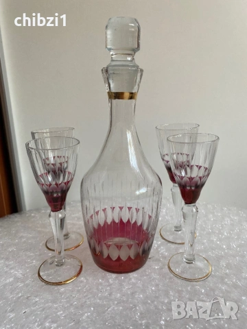 ⚜️Ретро комплект от калиево стъкло, ръчна гравюра, златен кант, цветно