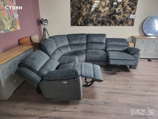 Сив ъглов диван от плат с електрически релаксиращ механизъм, снимка 10 - Дивани и мека мебел - 53833745