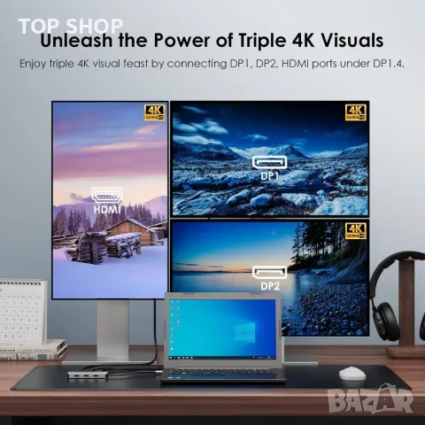 WAVLINK USB C Quad Display Hub, 7-в-1 докинг станция за лаптоп, снимка 4 - Кабели и адаптери - 49444066