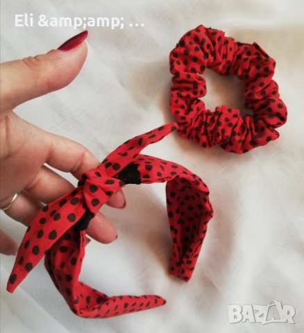 Червена диадема на черни точки с панделка и скрънчи , снимка 1