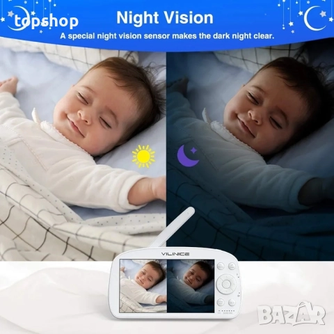 Нов бебефон Vili Nice с 720P HD голям 5.5" дисплей, автоматично нощно виждане, двупосочен разговор.., снимка 4 - Бебефони - 51637910