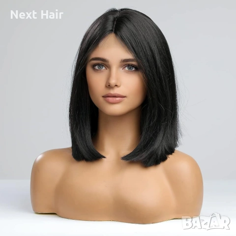 Елегантна права черна каре перука 35 см с път, снимка 3 - Аксесоари за коса - 53749630