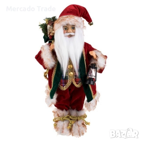 Коледна реалистична фигура Дядо Коледа с чувал и фенер, 45cm
