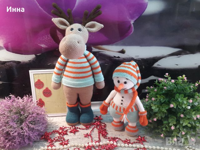 Подарък за Коледа. Снежен човек+Елен /Рудольф/, Двама приятели, Ръчно изработена, Плетена играчка, снимка 2 - Плюшени играчки - 42628880