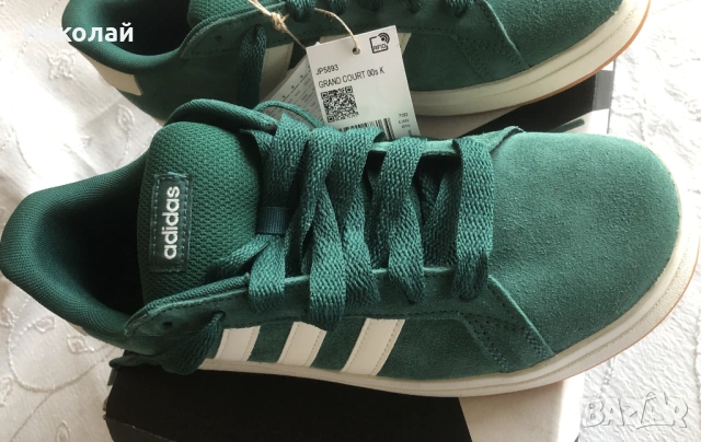Маратонки Adidas Grand Court, 40 номер, ест. велур, зелени Collegiate Green, унисекс, нови с етикет, снимка 6 - Маратонки - 53223614