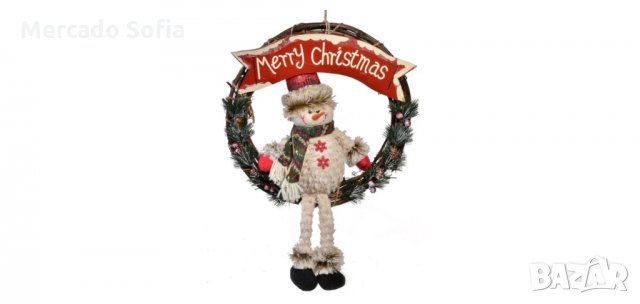 Коледен декоративен дървен венец, Снежен човек, 49см 
