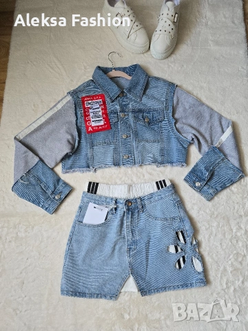 Дамско късо дънково яке с ръкави от плат 