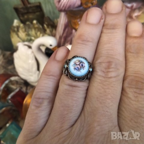 Стар сребърен пръстен с рисуван порцелан , снимка 4 - Пръстени - 41469855