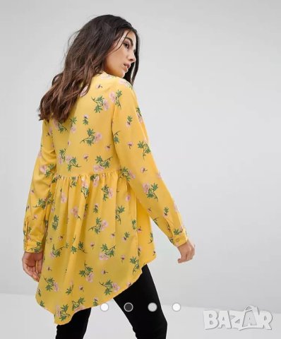 Разпродажба!Елегантна дълга дамска риза с флорални мотиви цветя жълта разкроена с дълъг ръкав S-S/M , снимка 4 - Ризи - 40689802