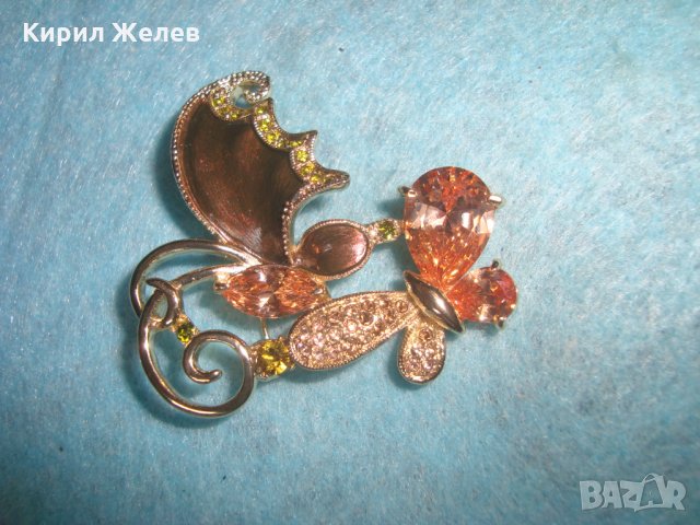 ЕМАЙЛИРАНА СКЪПОЦЕННА ПОЗЛАТЕНА БРОШКА ПЕПЕРУДА БОХЕМСКИ КРИСТАЛИ и ЦИТРИН АРТ-НУВО СТИЛ 26272