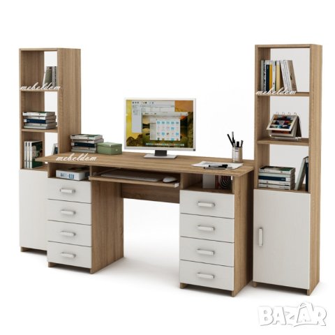 Бюро 143см. със 8 чекмеджета,клавиатура и 2 етажерки с плавни врати(код-0924), снимка 3 - Бюра - 41100602