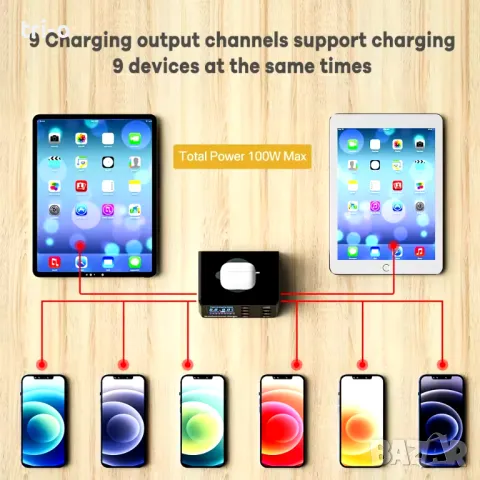 ASOMETECH 100W Зарядно устройство станция 9-в-1 с безжично зареждане 7USB порта+1 Type C QC3.0 PD3.0, снимка 2 - Оригинални зарядни - 49785497