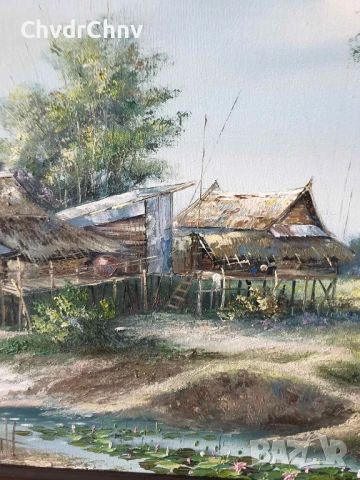 69х49см/голяма картина масло върху платно/джунгла/наколни къщи-дървета-река/дървена рамка, снимка 2 - Картини - 50896266