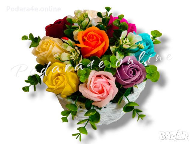 Букет от ароматни сапунени рози в ръчно изработена бяла кашпа Подходящ подарък за всеки повод , снимка 2 - Романтични подаръци - 44702236