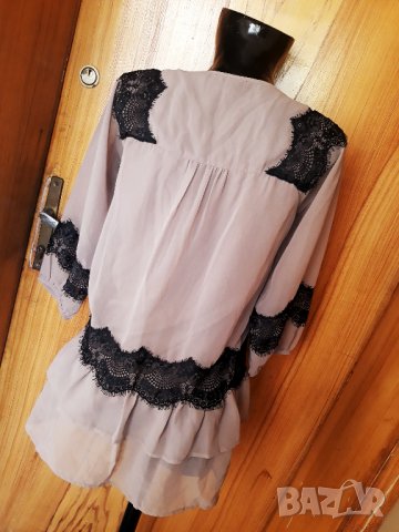 Кафяво-бежова туника шифон с декорация черна дантела М/Л, снимка 3 - Туники - 34398447